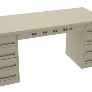 A beige metal desk with two sets of drawers on each side and a series of round holes across the front edge for cable management. The desk has a simple, industrial design with a flat top surface.