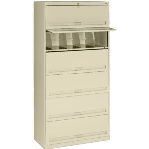 A beige, upright filing cabinet with six drawers. The top drawer is slightly open, revealing plastic file dividers. The cabinet is sturdy and designed for organized document storage.