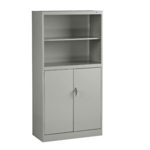 A grey metal storage cabinet with an upper open shelf and a lower section featuring two lockable doors. The shelf inside the cabinet is adjustable, offering versatile storage options. The cabinet stands on a flat surface.