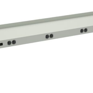 A metallic power distribution unit with multiple power sockets evenly spaced along the front. It has a long, rectangular shape with flanges on each end for mounting. The unit is designed for use in a rack or cabinet system.