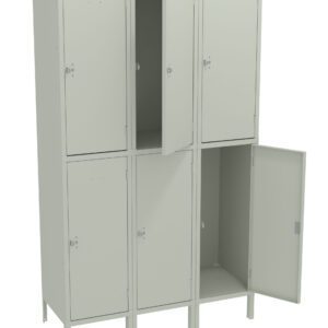 A set of six gray metal lockers arranged in two rows of three. Three locker doors are slightly open, revealing empty interiors. The lockers are elevated on short legs.