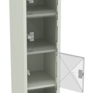 Tall metal locker with a hinged, transparent door slightly open. The locker is divided into six compartments with shelves inside. The structure is light gray and the door includes a small handle.