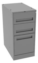 A gray metal filing cabinet with three drawers, two smaller ones on top and a larger one at the bottom. The cabinet is slightly angled, showing its side and front.