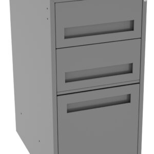 A gray metal filing cabinet with three drawers, two smaller ones on top and a larger one at the bottom. The cabinet is slightly angled, showing its side and front.