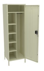 Open beige metal storage locker with four shelves on the left and a long compartment on the right equipped with a hanging rod. The locker door is open, revealing the interior, with a ventilation panel on the right door.