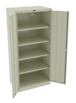 A beige metal storage cabinet with two doors open, revealing five adjustable shelves inside. The cabinet is empty and stands against a plain backdrop.