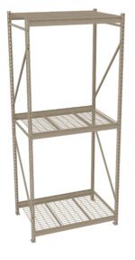 A beige metal shelving unit with three levels, featuring wire grid shelves and vertical support beams on each corner. The shelves are evenly spaced and the unit is set against a plain white background.