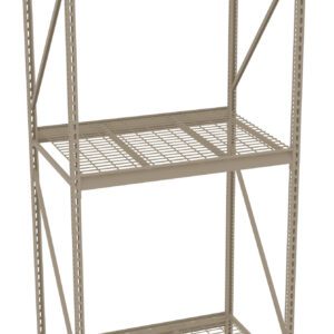 A beige metal shelving unit with three levels, featuring wire grid shelves and vertical support beams on each corner. The shelves are evenly spaced and the unit is set against a plain white background.