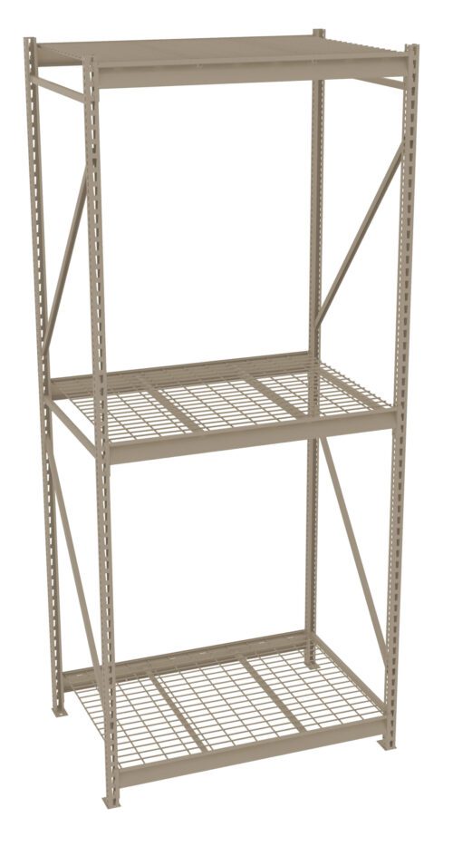 bkppruronjstvd4g00gl.jpg A beige metal shelving unit with three levels, featuring wire grid shelves and vertical support beams on each corner. The shelves are evenly spaced and the unit is set against a plain white background.