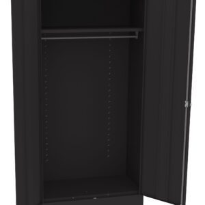 Black metal storage cabinet with two open doors. It features an empty interior with a single clothing rod and adjustable shelf brackets on the sides. The cabinet has a simple, minimalist design suitable for office or home use.