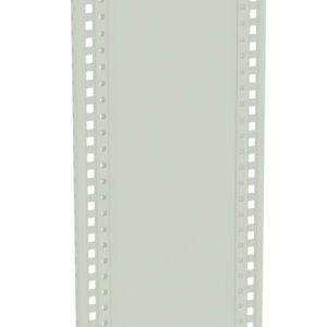 A vertical, rectangular, light grey panel with perforated edges, possibly a metal or plastic component used for construction or industrial purposes.