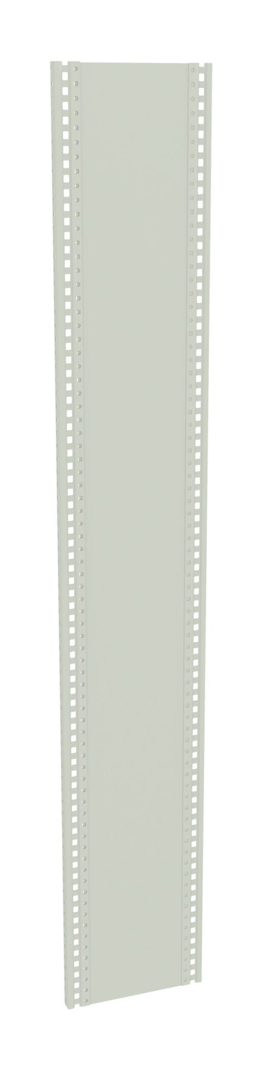 A vertical, rectangular, light grey panel with perforated edges, possibly a metal or plastic component used for construction or industrial purposes.