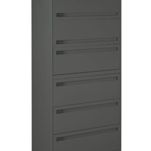 A tall, gray, five-drawer filing cabinet with horizontal handles and a lock on the top drawer.