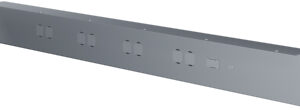Long, rectangular metallic bracket with a series of evenly spaced slots and holes along its length. The surface appears smooth and slightly reflective. It is designed for mounting or structural support purposes.