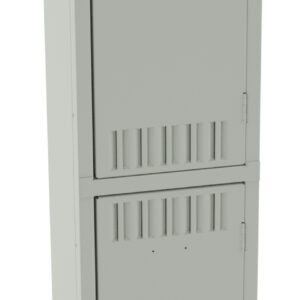 A tall, slender gray metal locker with two compartments, each featuring a black handle and ventilation slots. The locker stands on small feet and is designed for storage in spaces like schools or gyms.