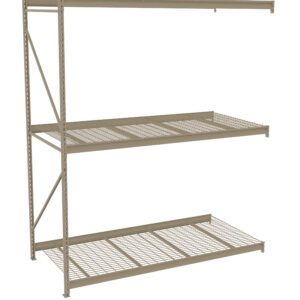 A beige, metal shelving unit with three wire-mesh shelves, supported by sturdy vertical beams on each side. The design is industrial and suitable for heavy-duty storage.