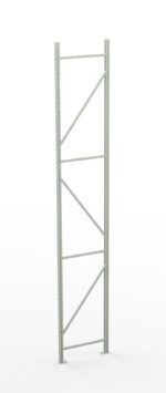 A tall, metal shelving frame with vertical and diagonal supports against a plain white background. The frame has a minimalistic design and appears sturdy, intended for industrial or storage use.