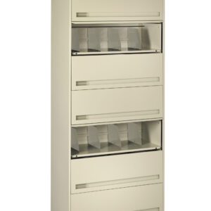A beige, multi-drawer file cabinet with five pull-out compartments. Some drawers have clear dividers visible inside. The top drawer is slightly open and has a lock. The cabinet is upright against a plain background.