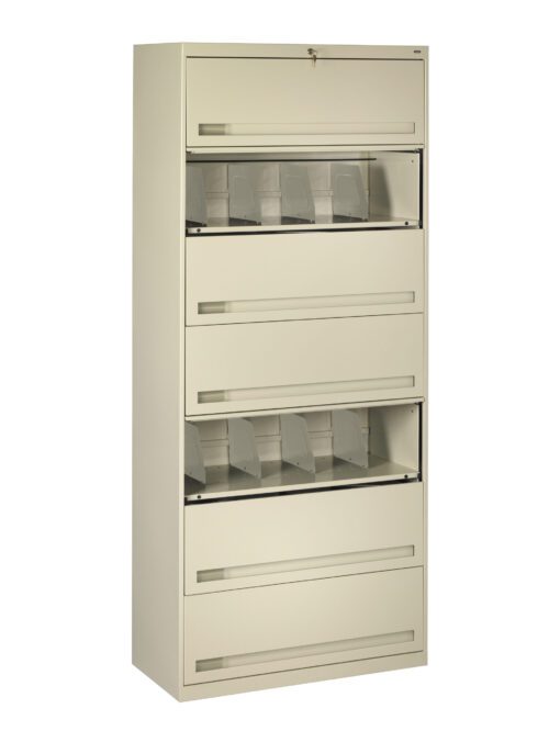 A beige, multi-drawer file cabinet with five pull-out compartments. Some drawers have clear dividers visible inside. The top drawer is slightly open and has a lock. The cabinet is upright against a plain background.