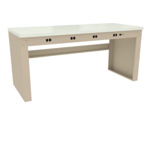 A beige workbench with a white tabletop and multiple power outlets along the front edge. The bench has an open leg design, allowing space underneath.