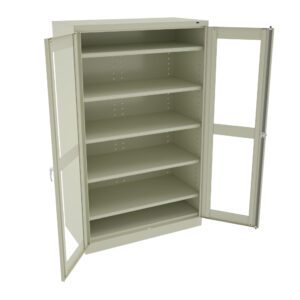 A beige metal cabinet with transparent doors, open to reveal five empty shelves. The cabinet is standing against a white background.
