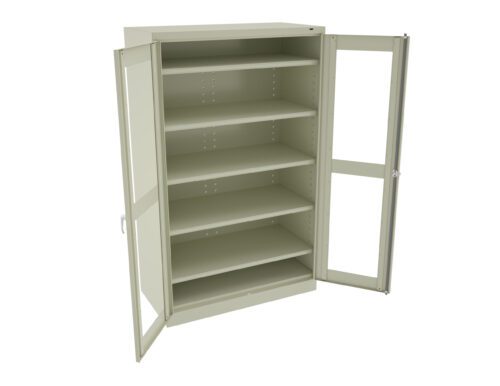 A beige metal cabinet with transparent doors, open to reveal five empty shelves. The cabinet is standing against a white background.