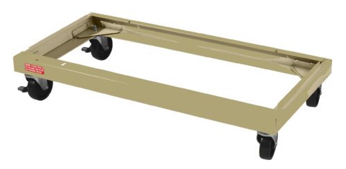 A beige, rectangular metal dolly with four black swivel casters. The dolly has a simple open frame design, suitable for transporting heavy objects.