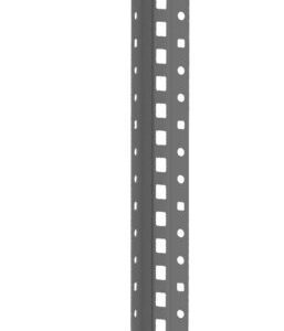 Vertical image of a long, silver metal rail with a series of evenly spaced rectangular slots along its length. The rail is standing upright against a plain white background.