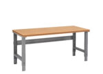 A sturdy workbench with a wooden top and a metal frame. The frame is gray and has adjustable legs for height customization. The design is simple and functional, ideal for workshops or garages.