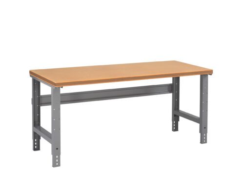 A sturdy workbench with a wooden top and a metal frame. The frame is gray and has adjustable legs for height customization. The design is simple and functional, ideal for workshops or garages.