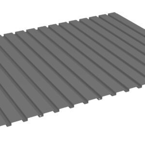 Illustration of a corrugated metal sheet viewed from an angle, showing parallel ridges running lengthwise. The sheet is gray with a smooth texture, typically used in roofing or siding applications.