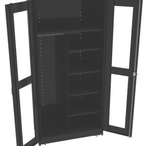 A black metal cabinet with open double doors, featuring multiple shelves on the right side and a tall storage space on the left, designed for holding various items efficiently.