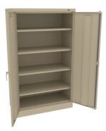 An empty beige metal storage cabinet with a single door open, revealing five adjustable shelves inside. The cabinet has a handle and a lock mechanism on the open doors edge.