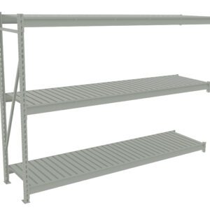 A gray, industrial metal shelving unit with three wide, evenly spaced shelves, seen at an angle. The shelves feature slatted surfaces and appear sturdy, suitable for storage in a warehouse or garage.