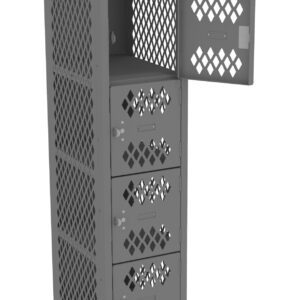 A tall, gray metal locker with six compartments arranged vertically. The compartments have perforated diamond patterns. One of the compartments is open, revealing its interior.