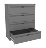 A gray metal filing cabinet with four drawers; the fourth drawer is open. The cabinets have sleek handles and a minimalist design.