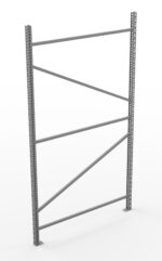 A metal shelving unit frame with vertical and diagonal support bars, designed for storage needs. It has perforations along the side beams for adjustable shelving placement.