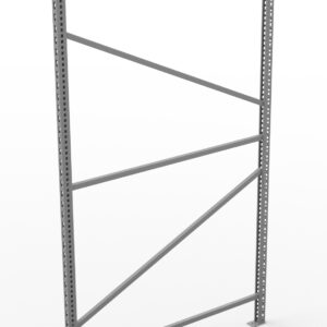 A metal shelving unit frame with vertical and diagonal support bars, designed for storage needs. It has perforations along the side beams for adjustable shelving placement.