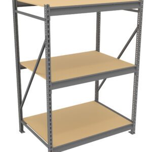 A freestanding metal storage rack with three wooden shelves. The frame is grey with cross supports on the sides for stability. The shelves are evenly spaced, providing ample storage space. The design is industrial and functional.