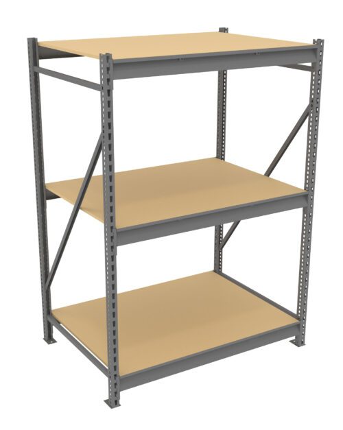 A freestanding metal storage rack with three wooden shelves. The frame is grey with cross supports on the sides for stability. The shelves are evenly spaced, providing ample storage space. The design is industrial and functional.
