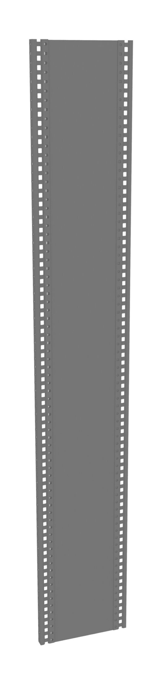 A tall, thin, rectangular gray metal panel with perforated edges, featuring a series of evenly spaced rectangular holes along its sides. The panel is viewed from a slight angle.