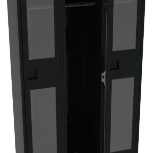 Three black metal lockers with mesh doors are shown. The middle locker door is open, revealing an empty interior with a hanging rod. The left locker door is slightly ajar, while the right door is closed. The lockers stand on short legs.