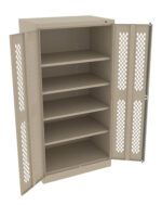 Beige metal storage cabinet with lattice-design doors open, revealing five adjustable shelves inside.