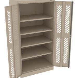 Beige metal storage cabinet with lattice-design doors open, revealing five adjustable shelves inside.