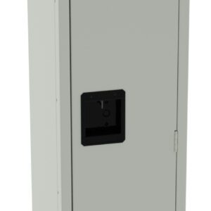 Tall, light gray metal locker with a black handle and vents at the top and bottom. The locker stands upright, showing the full closed door. It appears to be designed for storage use.