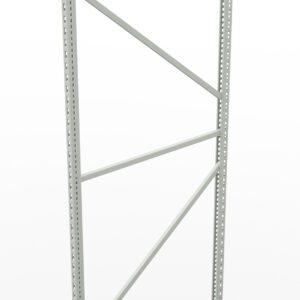 A metal shelving unit frame with horizontal and diagonal braces. It has a minimalistic design with a light gray finish. The frame is set against a white background.