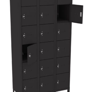 Black metal locker unit with three columns and five rows of square compartments. Two compartments are open, revealing empty spaces inside. Each has a keyhole and ventilation slots. The unit stands on legs.