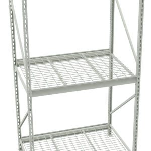 A gray metal storage rack with three levels of wire grid shelves. The rack features a sturdy frame with diagonal supports and perforated vertical beams, suitable for organizing and storing various items in a warehouse or garage setting.