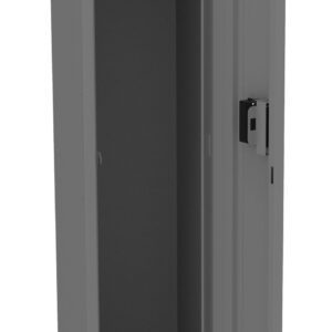 A tall, gray metal locker with a single door open, showing an empty interior. Inside, theres a hanging rod near the top and a lock on the door. The locker stands on small legs.