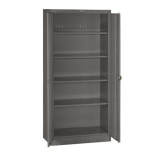 A tall, open metal cabinet with four shelves, all empty. The cabinet doors are open, revealing the interior. The cabinet is gray and stands against a plain white background.